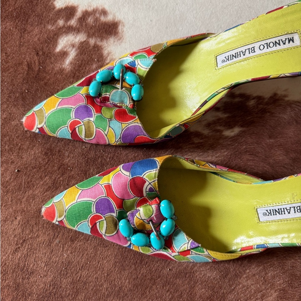 Manolo Blahnik // colorful mules/slides with kitten heel